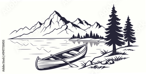 A serene mountain lake scene with a canoe and trees Vector