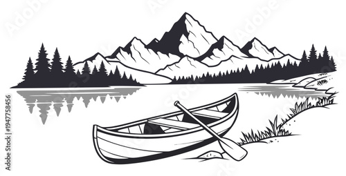 A small boat floats on a serene lake with mountains in the background Vector