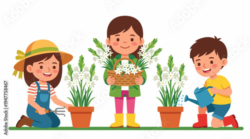Three cheerful children happily engaged in gardening, tending to plants and a basket of flowers, illustrating outdoor activities and nature appreciation for kids