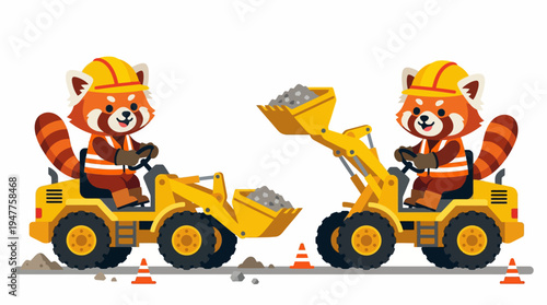 Adorable cartoon red pandas in hard hats and safety vests skillfully operating heavy construction machinery, diligently engaged in a road repair project with front-end loaders