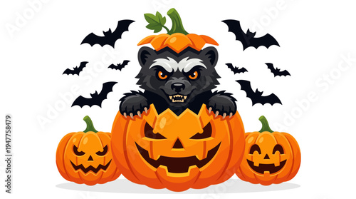 Spooky black badger emerging from a carved Jack-o'-lantern surrounded by flying bats and mini pumpkins on a white background for Halloween celebrations