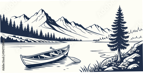 A boat floats on a serene lake with mountains in the background Vector