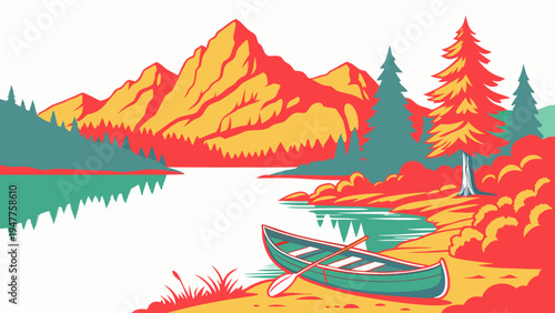 A green canoe on the shore of a lake with mountains in the background Vector
