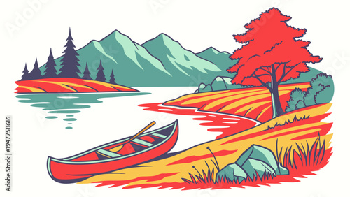 A red canoe sitting on a riverbank near a tree Vector