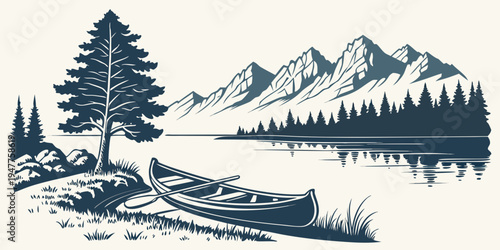 A serene lake scene with a boat and mountain range Vector