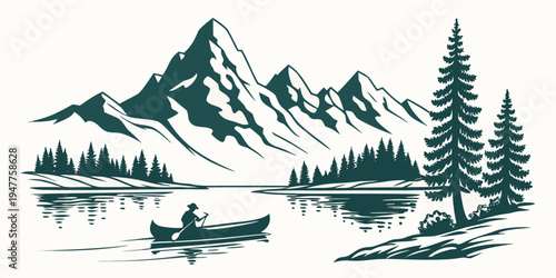 A person in a canoe on a serene lake with mountains Vector