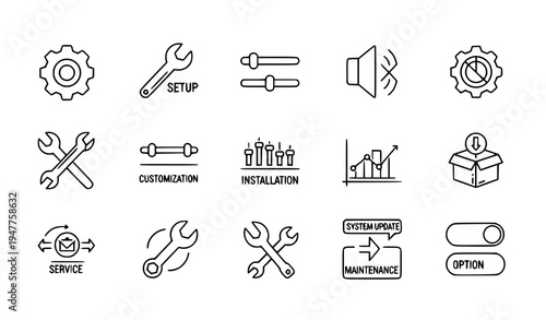 Control panel thin line gear settings vector icon collection