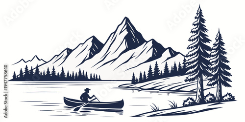 Man in a canoe on a serene lake with mountains Vector
