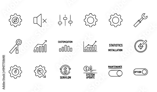 Gear and control panel thin line icon set for settings and system vector