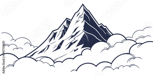 A large snow covered mountain peak rising above the clouds Vector