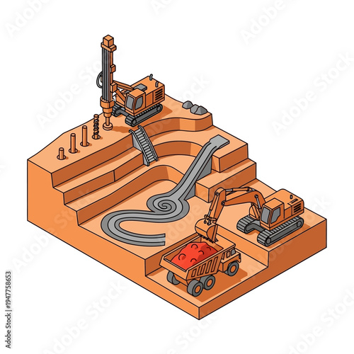 Isometric illustration of construction site with heavy machinery, including a drill rig, excavator, and dump truck, excavating and moving earth on tiered terrain.
