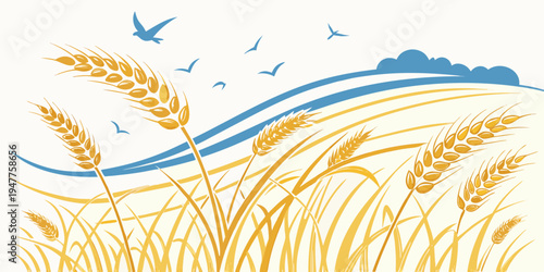 A field of wheat with birds flying overhead Vector