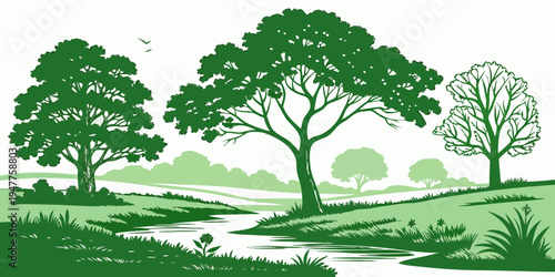 A green landscape with trees and a stream Vector