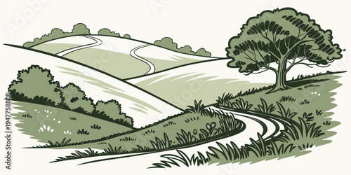 A winding road through a green landscape with trees Vector