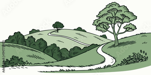 A green landscape with a tree on a hill and a winding path Vector