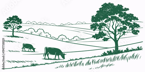 Cows grazing in a green field with trees Vector