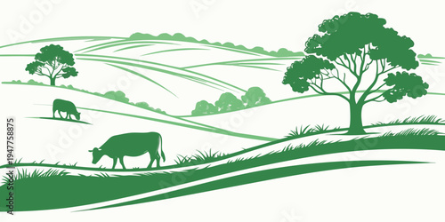 A green silhouette of a cow and tree on a hillside Vector
