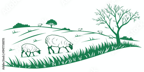Two sheep grazing in a green landscape Vector