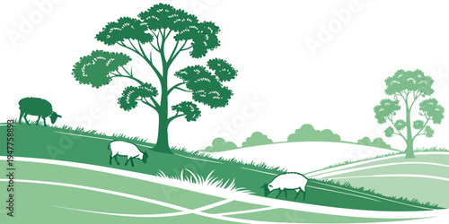 A green landscape with trees and sheep grazing Vector