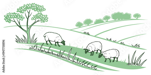 A herd of sheep grazing on a green hillside Vector