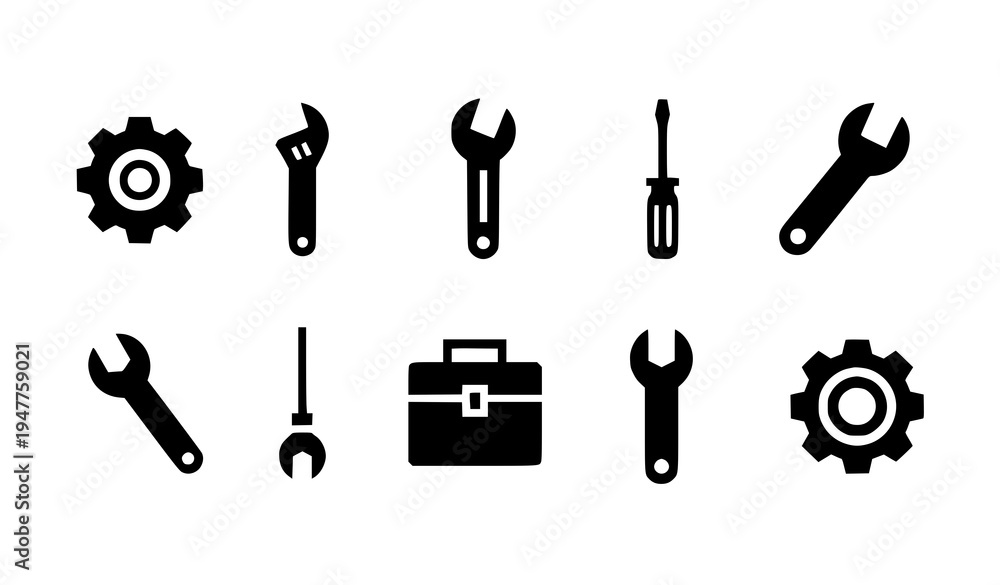 Fototapeta premium Solid glyph repair tools and settings icons minimalist vector collection