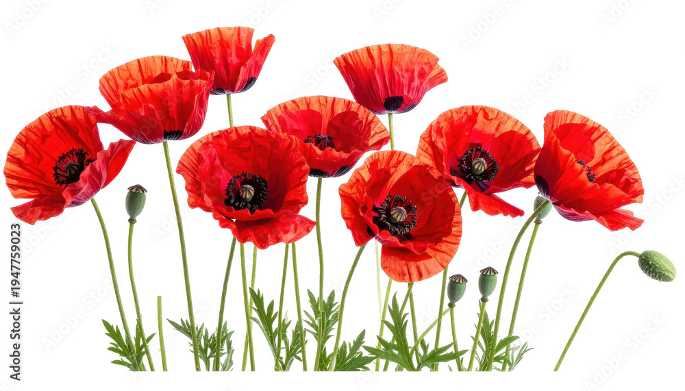 Fototapeta premium Vibrant Red Poppies Blooming Gracefully in a Natural Landscape with Green Foliage
