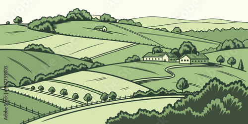 A green landscape with rolling hills and trees Vector