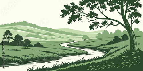 A serene landscape with a tree and a winding stream Vector