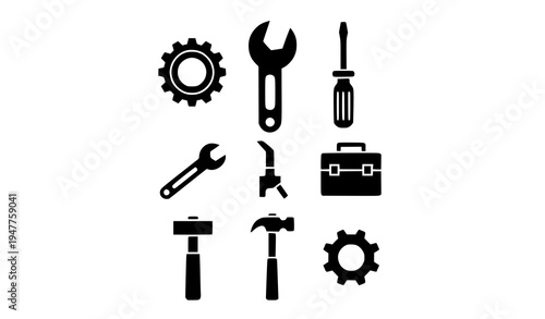 Repair and settings glyph icons black tools vector illustration set