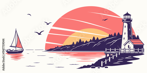 A serene lighthouse by the sea at sunset Vector