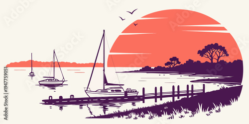 A serene sunset scene with sailboats on the water Vector