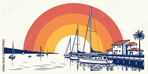 Sailboats docked near a house by the sea at sunset Vector