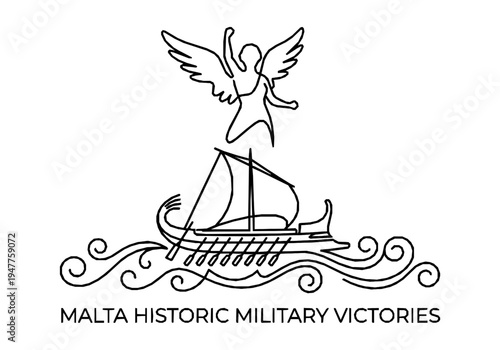 Victory Day Monoline Background with Great Siege Monument and Ship