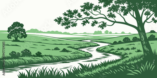 A green landscape with a stream running through it Vector