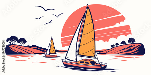 A sailboat on the water during sunset Vector