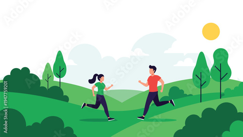 Man and woman jogging together in a scenic green park during a sunny day with trees and hills in the background.