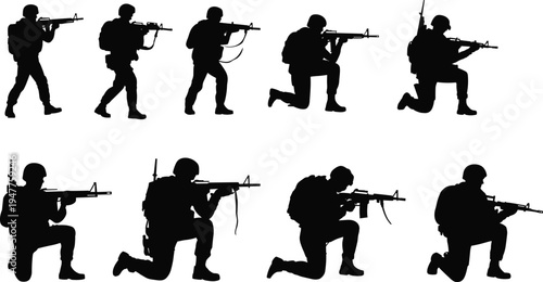 Set of soldier silhouettes in tactical positions with rifles, military combat stance collection isolated on white background, army infantry action poses illustration for defense and warfare concept