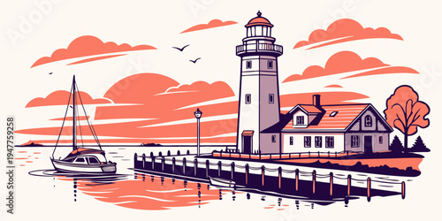 A lighthouse on a pier next to a sailboat Vector