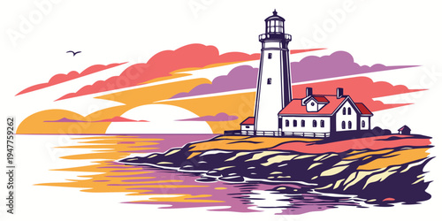 A lighthouse on a rocky coastline at sunset Vector