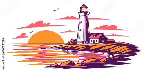 A lighthouse on a rocky island at sunset Vector