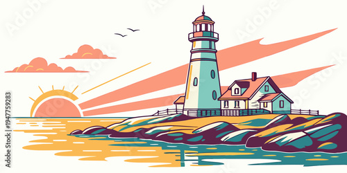 A lighthouse on a rocky coastline at sunset Vector
