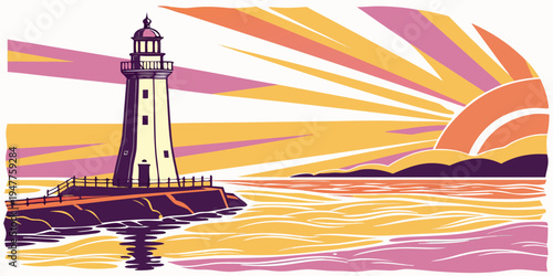 A lighthouse on a rocky shore at sunset Vector