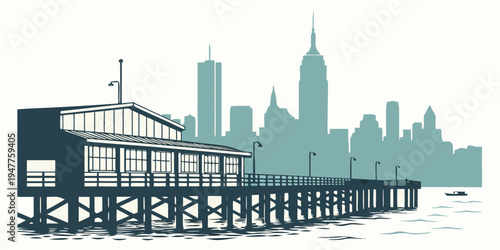 A pier with a building and a city skyline in the background Vector