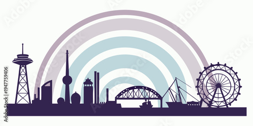 City skyline with ferris wheel and rainbow Vector