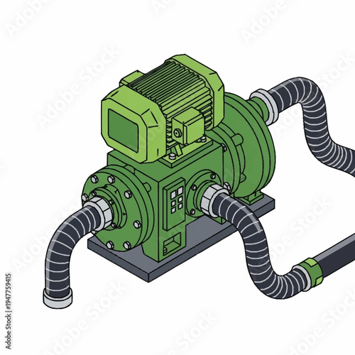 Illustration of a green industrial pump with a motor and flexible hoses connected to its inlet and outlet.