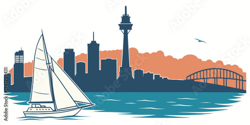 Sydney city skyline with sailboat and harbour bridge Vector
