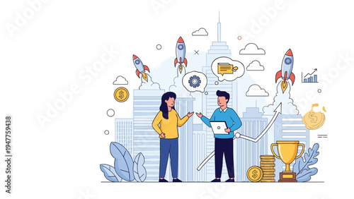 Business team discussing plans in a city environment with rockets launching to symbolize fast growth and innovation.