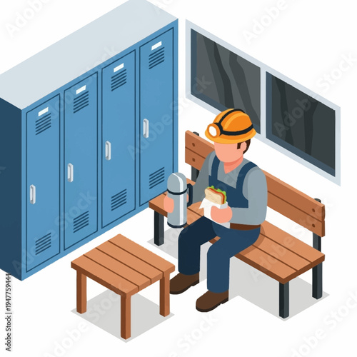 Miner in hard hat and overalls eating a sandwich and drinking from a thermos while sitting on a bench in a locker room.