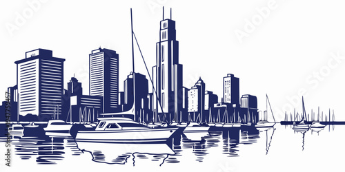 A city skyline with a sailboat in the water Vector