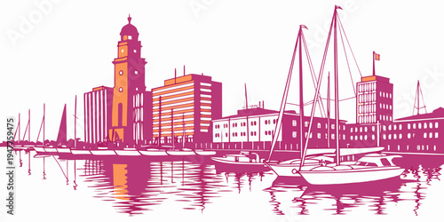 A pink silhouette of a city skyline with a clock tower and boats Vector